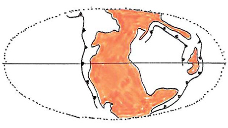 Figura 2. Posición de las masas continentales (Pangea), en el Triásico (237 Ma) según Scotese. En color, las masas continentales.