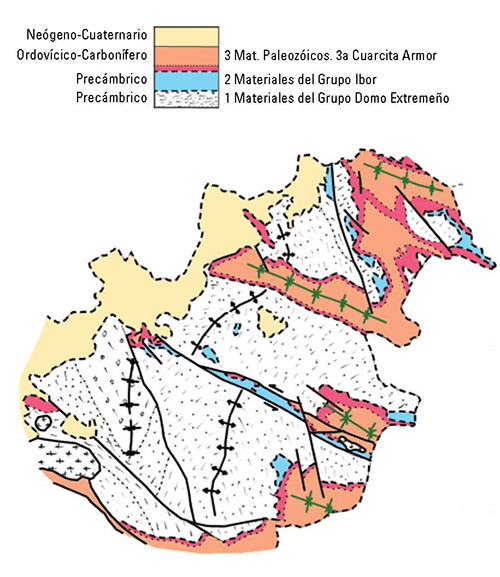 Figura 3. Geología en La Siberia Extremeña. En negro: traza de las estructuras cadomienses. En verde: estructuras variscas.